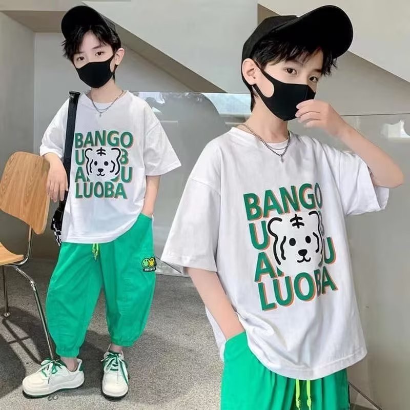 LƯỜI BIẾNG【Thời Trang】Xu Hướng Ống ThẳngTÁo Sơ Mi Tính Khí Quần Áo Trẻ Em Nghệ Thuật Nam Tay Áo Năm Điểm Mới Harajuku Bá