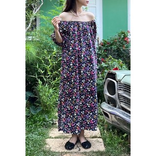 Váy trễ vai hoạ tiết hoa Đầm fom suông kèm dây đai eo mặc được 2 kiểu dáng