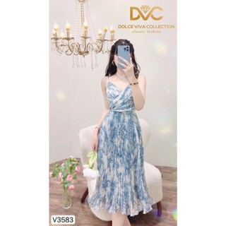 (CÓ SẴN +CHÍNH HÃNG) VÁY 2 DÂY DẬP LY HOA XANH VOAN TƠ V3583 -DVC VÁY DVC VÁY CHÍNH HÃNG