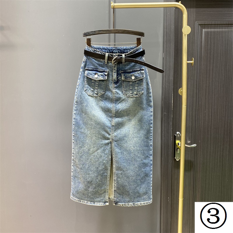 Chân Váy Denim Lưng Cao Xẻ Tà Phối Túi Phong Cách Âu Mỹ Cổ Điển Thời Trang Xuân Thu Kiểu Mới Cho Nữ