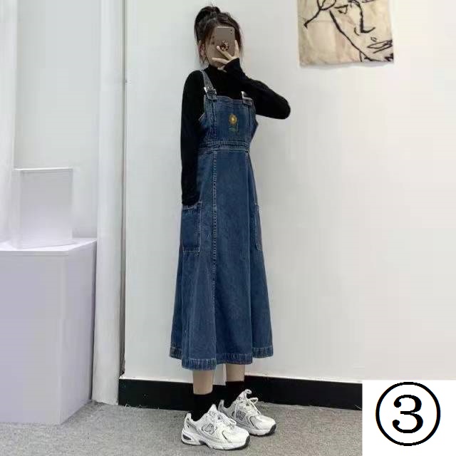 Đầm Yếm Denim Xuân Thu Dáng Ôm Thêu Họa Tiết Dễ Thương Phong Cách Nhật Bản Cổ Điển Cho Nữ