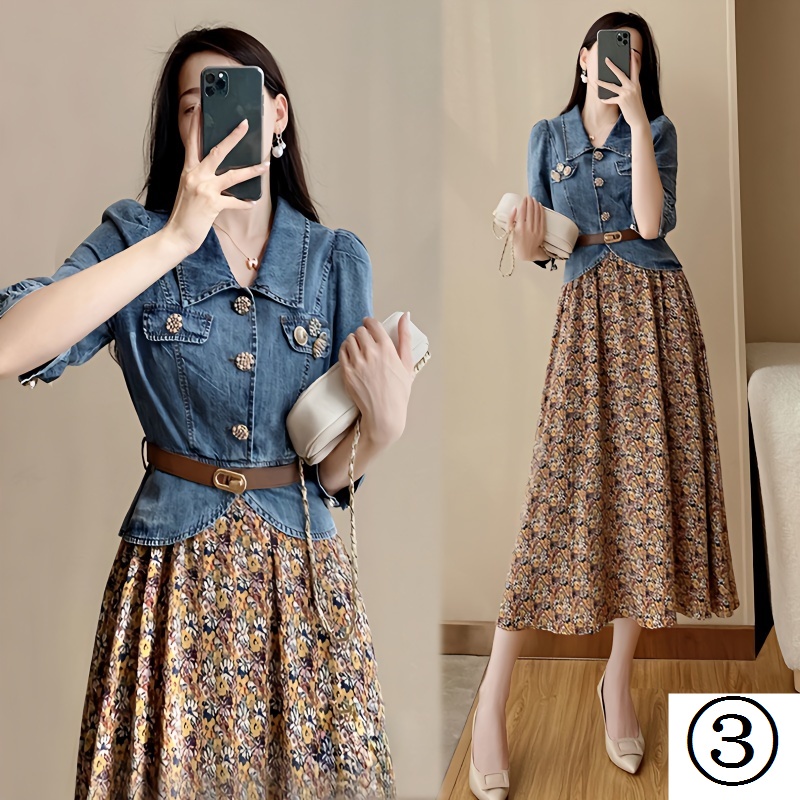 Đầm Denim Xuân Hè 2023 Tay Lửng Dáng Ôm Eo Cao Vừa Vặn Họa Tiết Hoa Cổ Điển