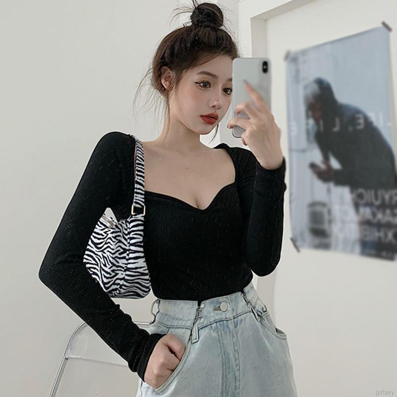 Áo sweater cổ vuông màu trơn tay dài kiểu Hàn gợi cảm