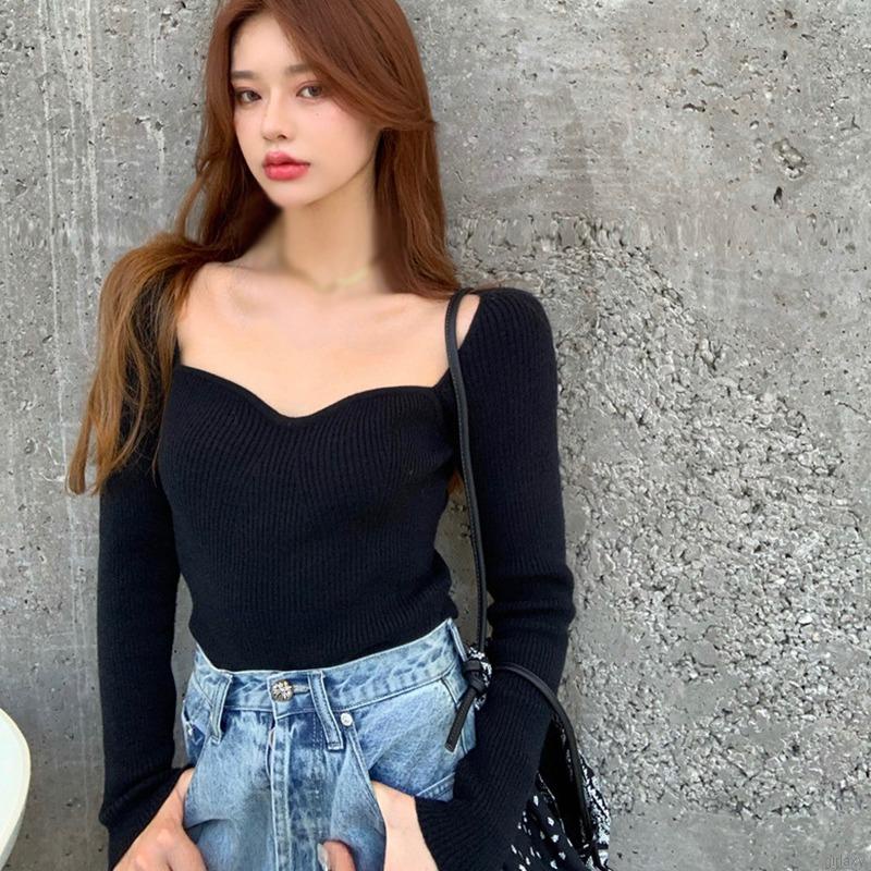 Áo sweater cổ vuông màu trơn tay dài kiểu Hàn gợi cảm