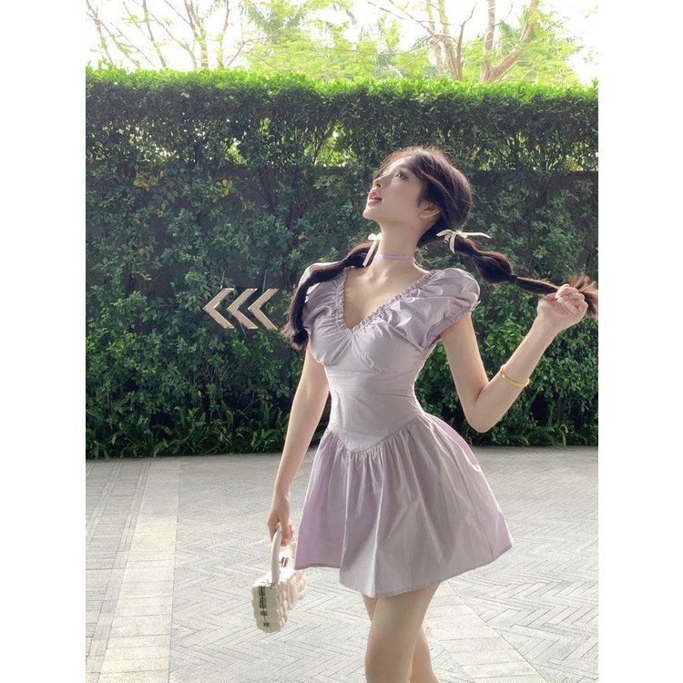 Đầm Dáng Chữ A Chiết Eo Họa Tiết Hoa Oải Hương Ngọt Ngào Lãng Mạn Kiểu Pháp