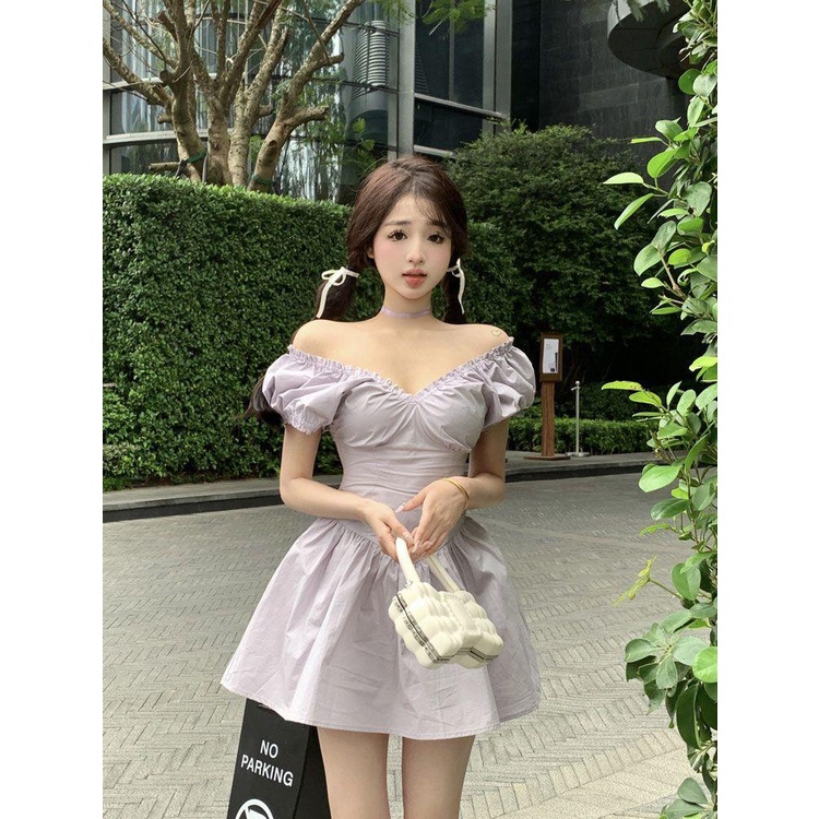 Đầm Dáng Chữ A Chiết Eo Họa Tiết Hoa Oải Hương Ngọt Ngào Lãng Mạn Kiểu Pháp