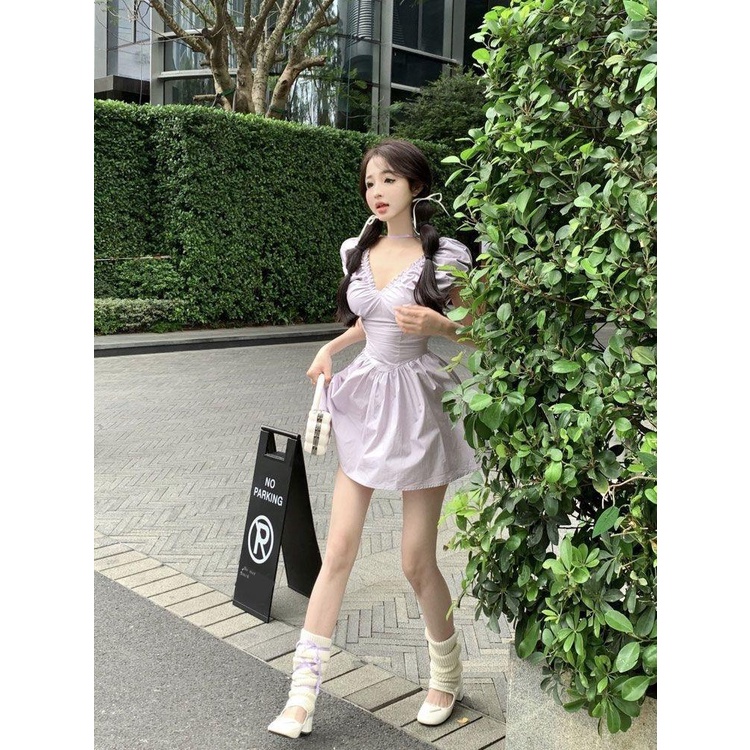 Đầm Dáng Chữ A Chiết Eo Họa Tiết Hoa Oải Hương Ngọt Ngào Lãng Mạn Kiểu Pháp