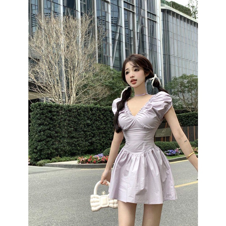 Đầm Dáng Chữ A Chiết Eo Họa Tiết Hoa Oải Hương Ngọt Ngào Lãng Mạn Kiểu Pháp