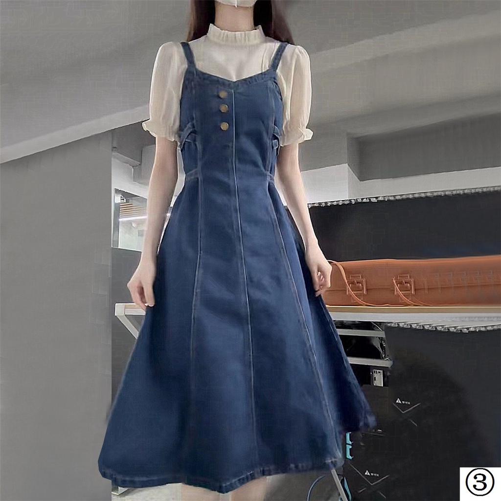 Set Áo Sơ Mi + Đầm Yếm Denim Phong Cách Hàn Quốc Ngọt Ngào Cho Nữ