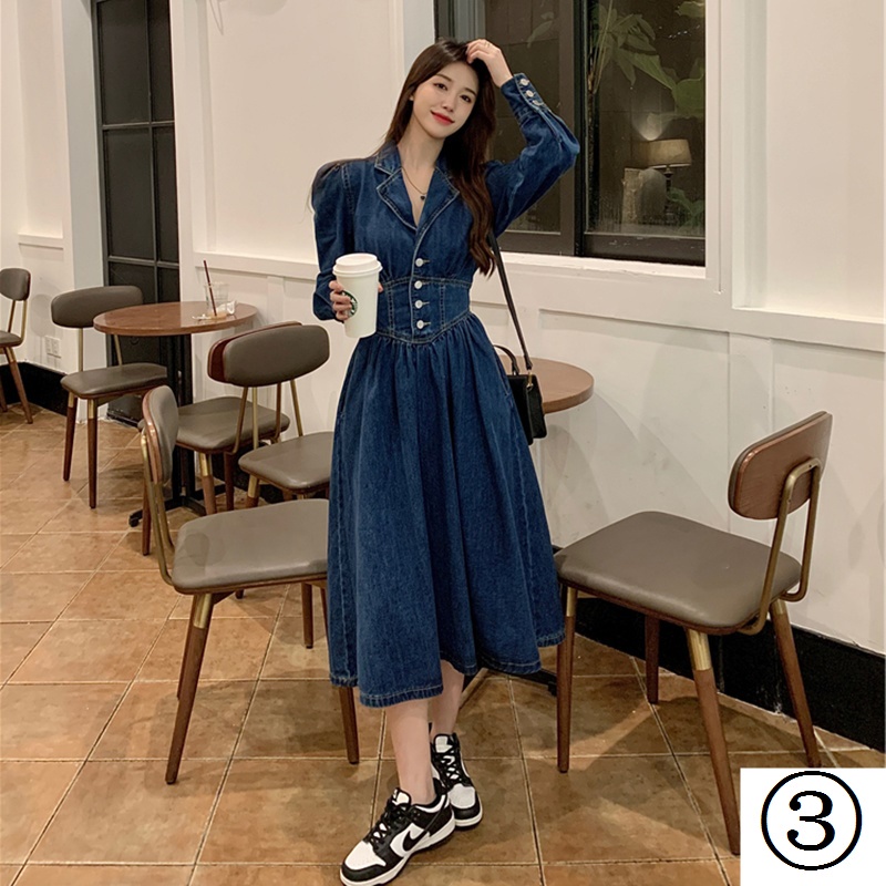 Đầm Denim Dáng Dài Ôm Eo Kiểu Hồng Kông Retro Thời Trang Xuân Thu Cho Nữ