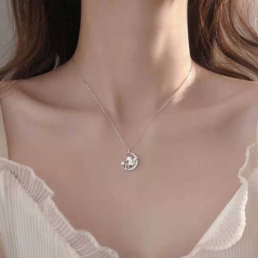 Vòng cổ Mạ Bạc Nhẹ Hình Ngựa Một Sừng Sang Trọng Cho Nữ