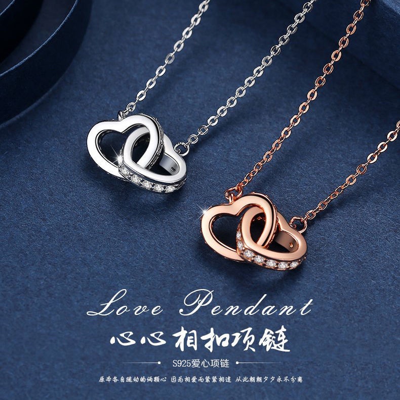 Vòng cổ Bạc 925 Hai Lớp Mặt Hình Trái Tim Sang Trọng Cho Nữ