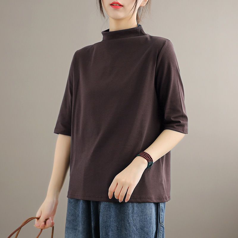 ₪2023 mới nửa cao cổ chạm đáy áo sơ mi nữ tay năm phần tư thun văn học top 3