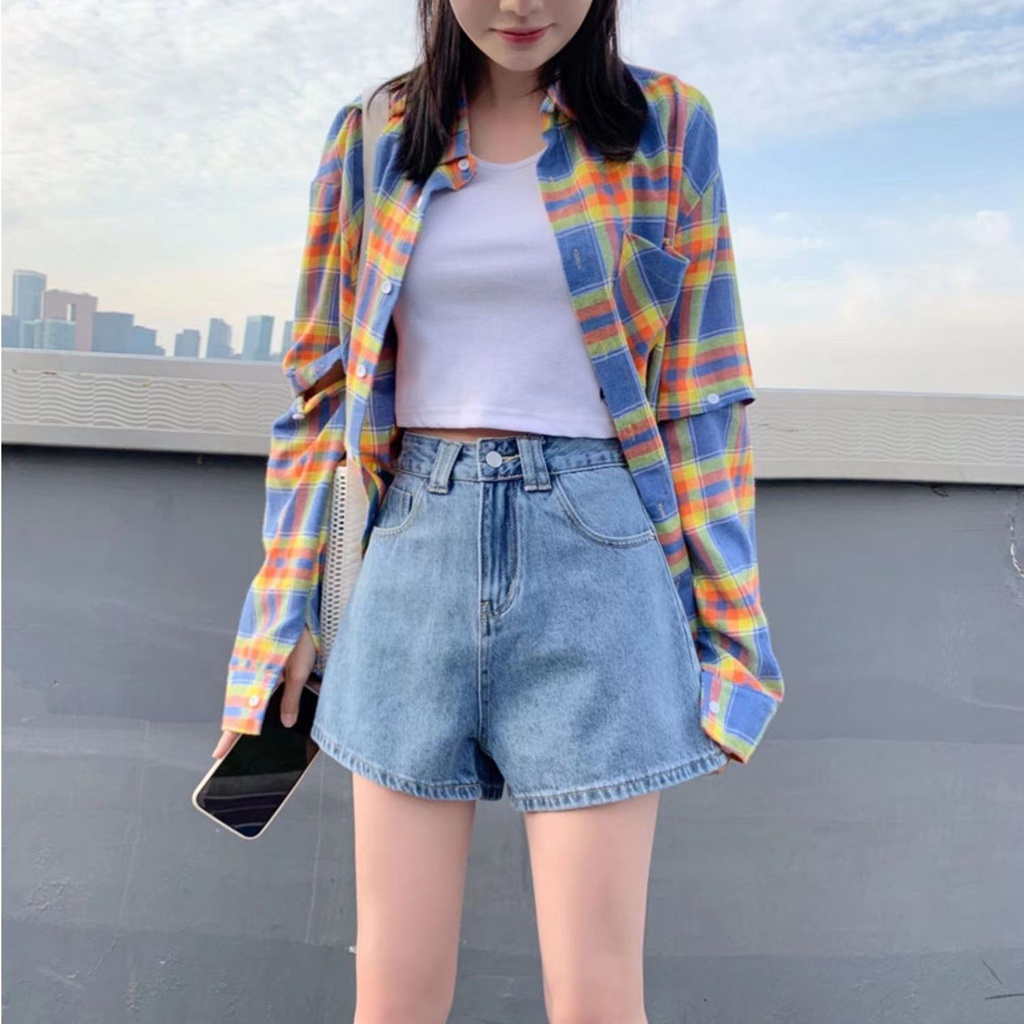 Jiashucheng2023 Quần Short Denim Dáng Chữ A Lưng Cao Dáng Ôm Cỡ Lớn Thời Trang Mùa Hè Cho Nữ