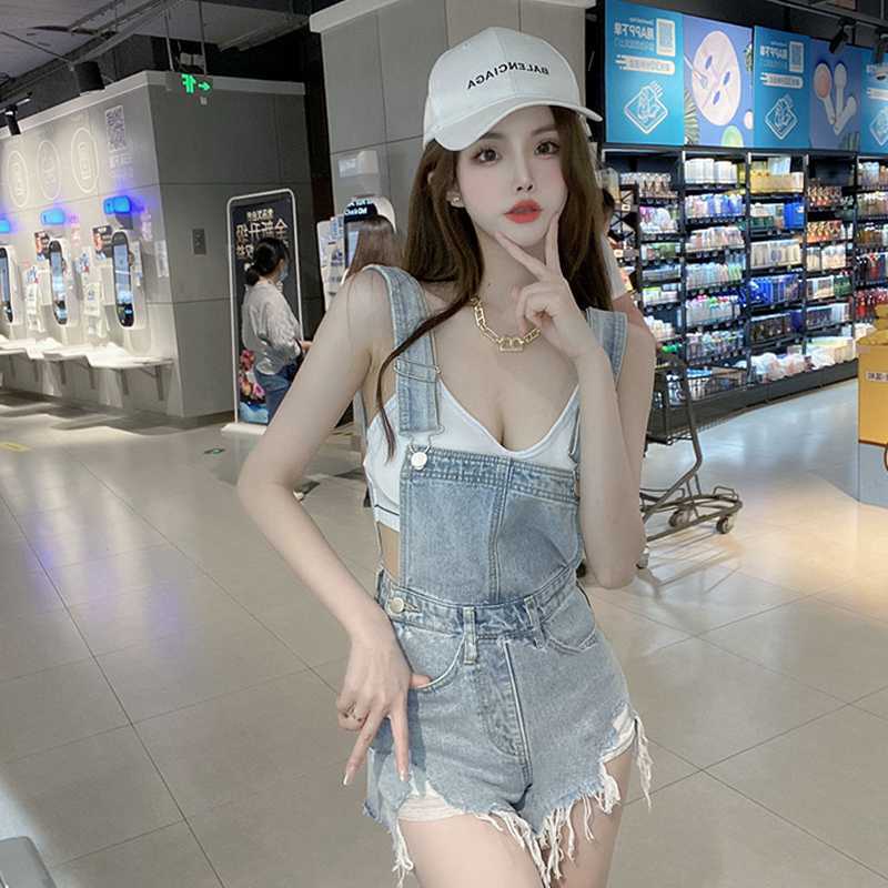 Jiashucheng Quần Yếm Denim Ngắn Mỏng Dáng Rộng Rách Phong Cách Phương Tây Thời Trang Mùa Hè Hàn Quốc Cho Phụ Nữ Tuổi Trung Niên