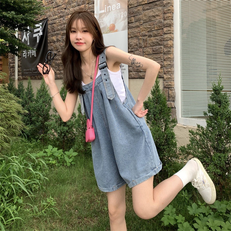 Jiashucheng Quần Yếm Denim Ngắn Dáng Rộng Phong Cách Mới Dễ Thương Cho Nữ Tuổi Trung Niên