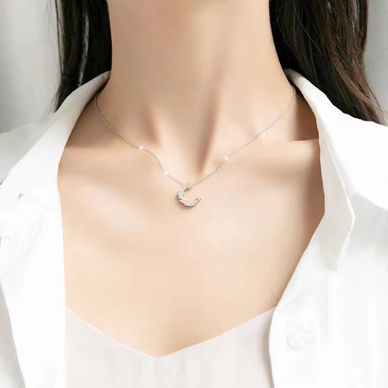 Vòng cổ Mạ Bạc 925 Mặt Trăng Khuyết Đính Đá Sang Trọng Cho Nữ