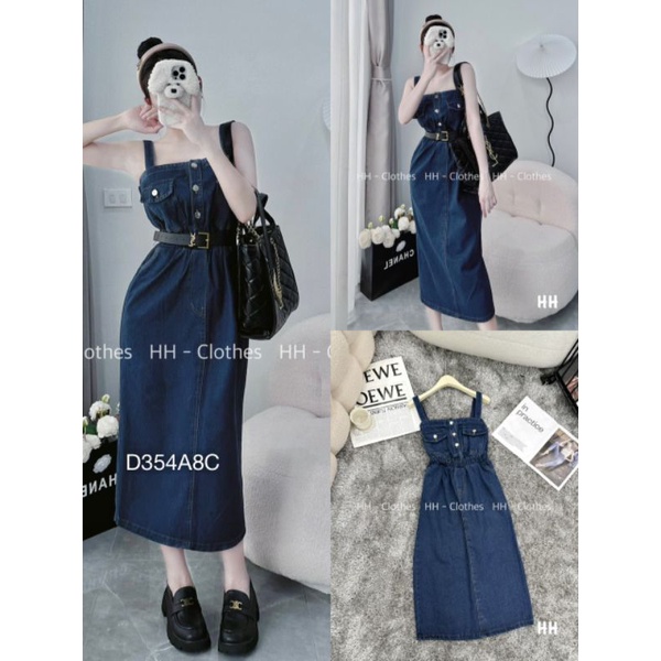 Váy Denim Hai Dây Cổ Vuông ,Váy Bò Dáng Dài 2 Dây Chun Eo Cài Cúc Ngực Không Kèm Nịt - BEBEDOLL