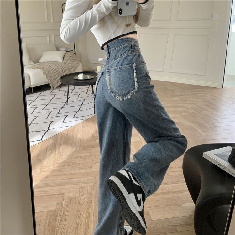 Jiashucheng Quần Jean Nữ Ống Rộng Lưng Cao Phong Cách Retro Thời Trang Mùa Thu Mới