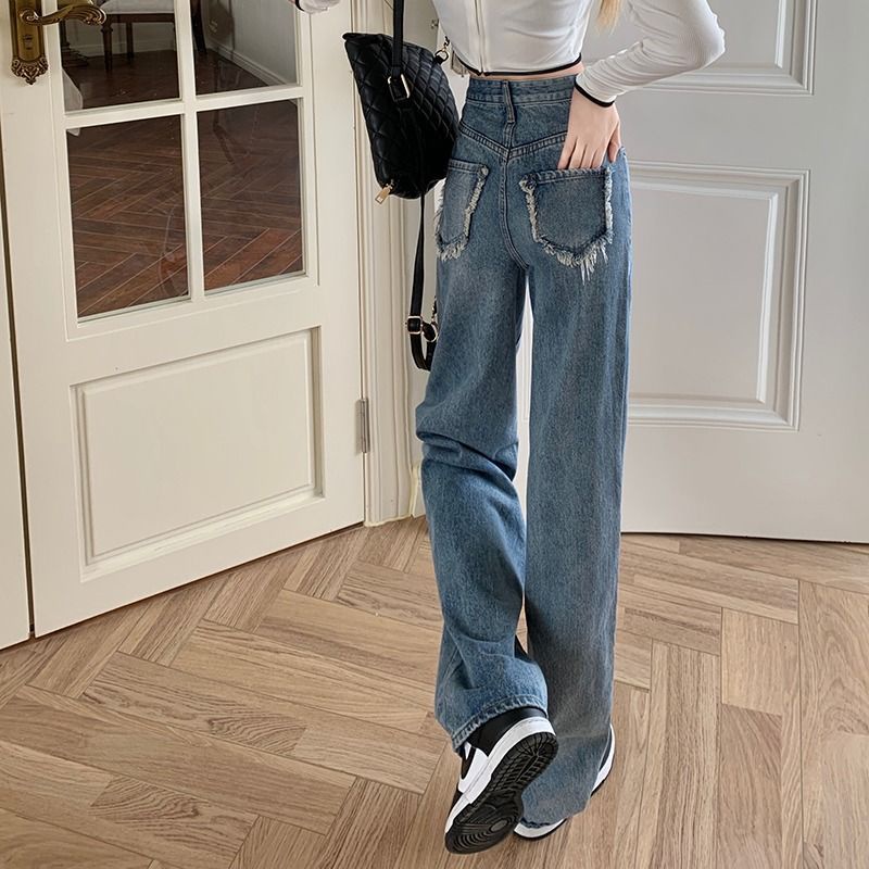 Jiashucheng Quần Jean Nữ Ống Rộng Lưng Cao Phong Cách Retro Thời Trang Mùa Thu Mới