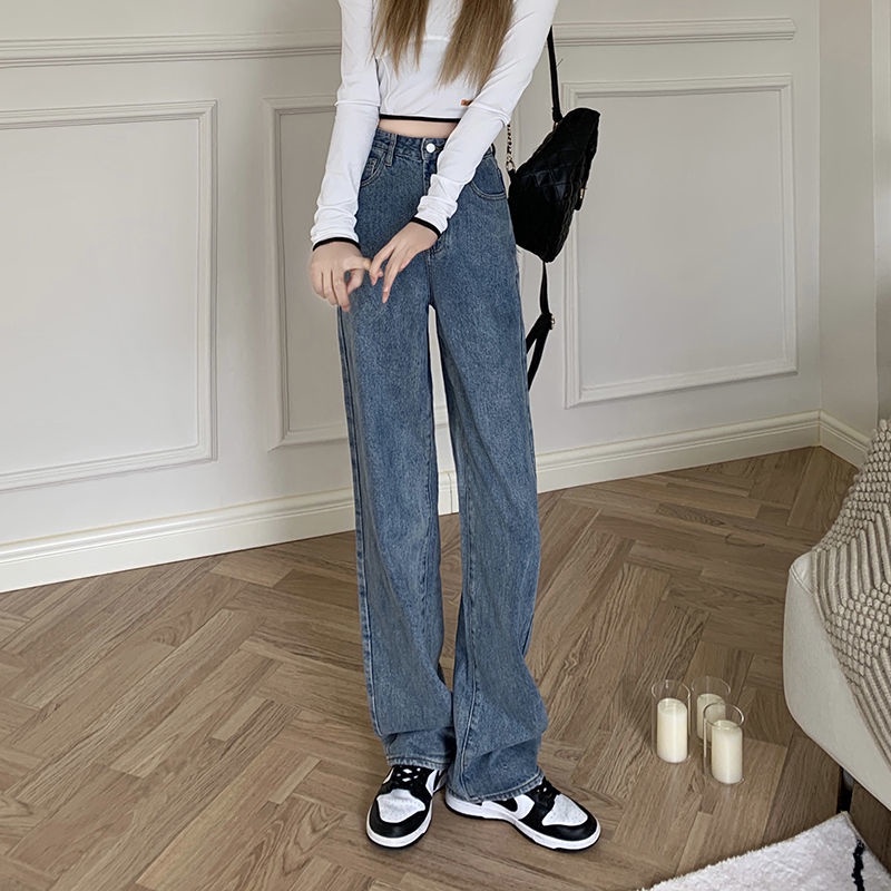 Jiashucheng Quần Jean Nữ Ống Rộng Lưng Cao Phong Cách Retro Thời Trang Mùa Thu Mới
