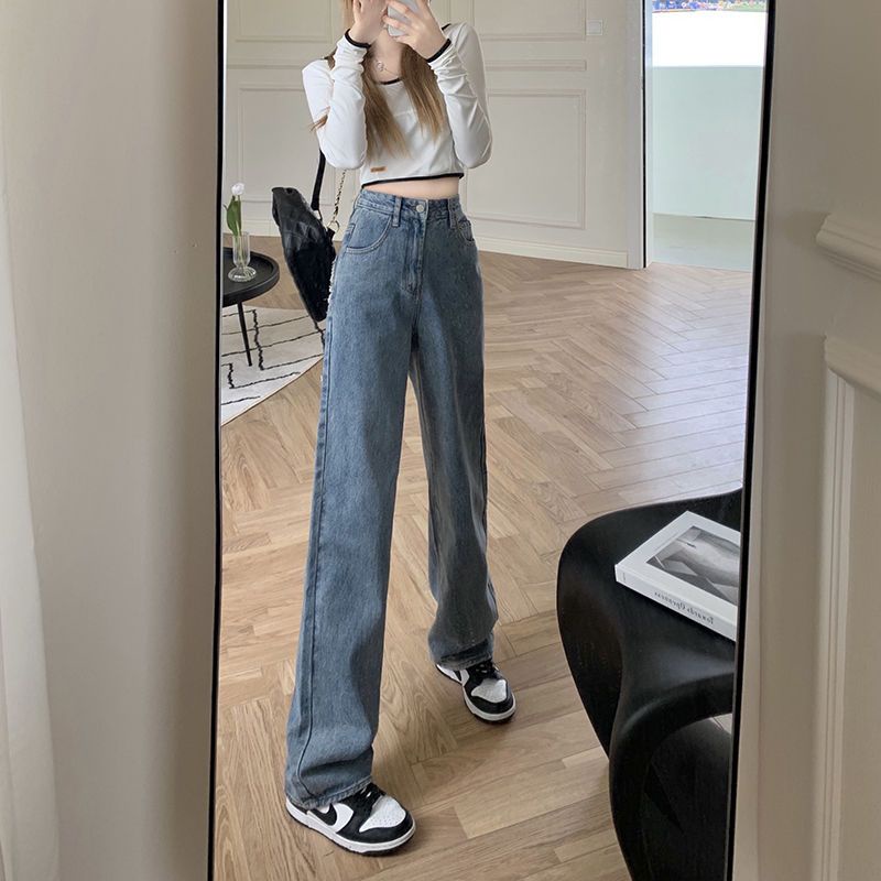 Jiashucheng Quần Jean Nữ Ống Rộng Lưng Cao Phong Cách Retro Thời Trang Mùa Thu Mới