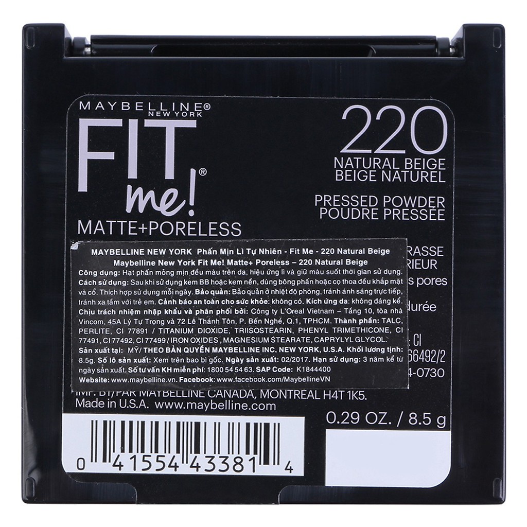 Phấn Mịn Lì Tự Nhiên MAYBELLINE Fit Me Matte + Poreless Tông 220 Natural Beige Cho Da Thường 8,5Gr