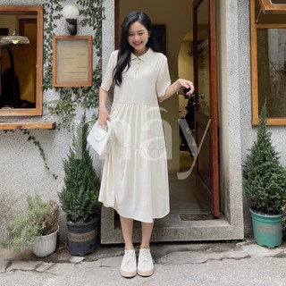 Váy Little Boho Midi Dress Tủ Nhà Mây dáng xoè 3 tầng màu trắng kem