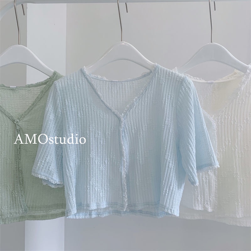 Áo Khoác Cardigan Ren Mỏng Tay Ngắn Màu Xanh Sữa Thời Trang Mùa Hè Cho Nữ
