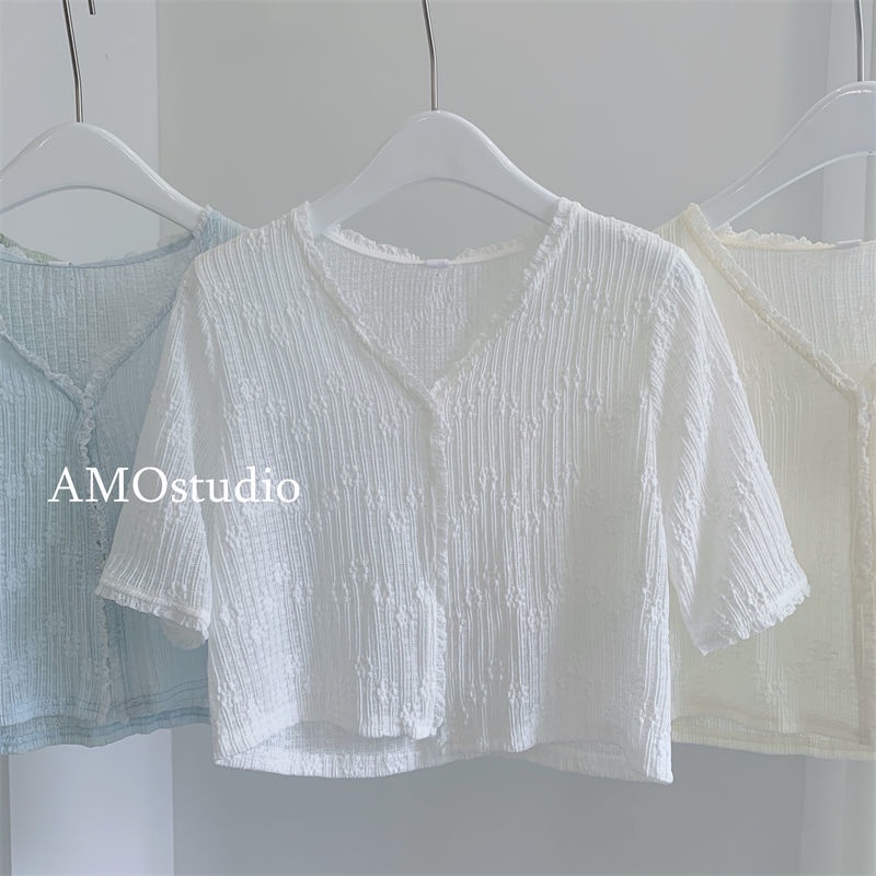 Áo Khoác Cardigan Ren Mỏng Tay Ngắn Màu Xanh Sữa Thời Trang Mùa Hè Cho Nữ