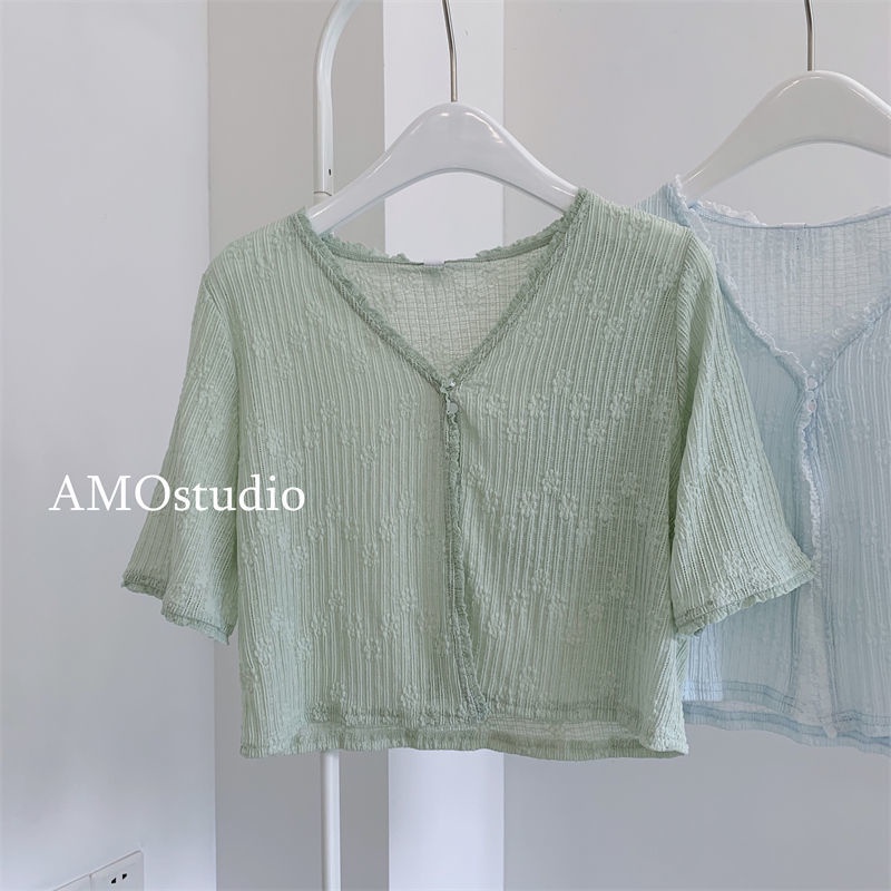 Áo Khoác Cardigan Ren Mỏng Tay Ngắn Màu Xanh Sữa Thời Trang Mùa Hè Cho Nữ