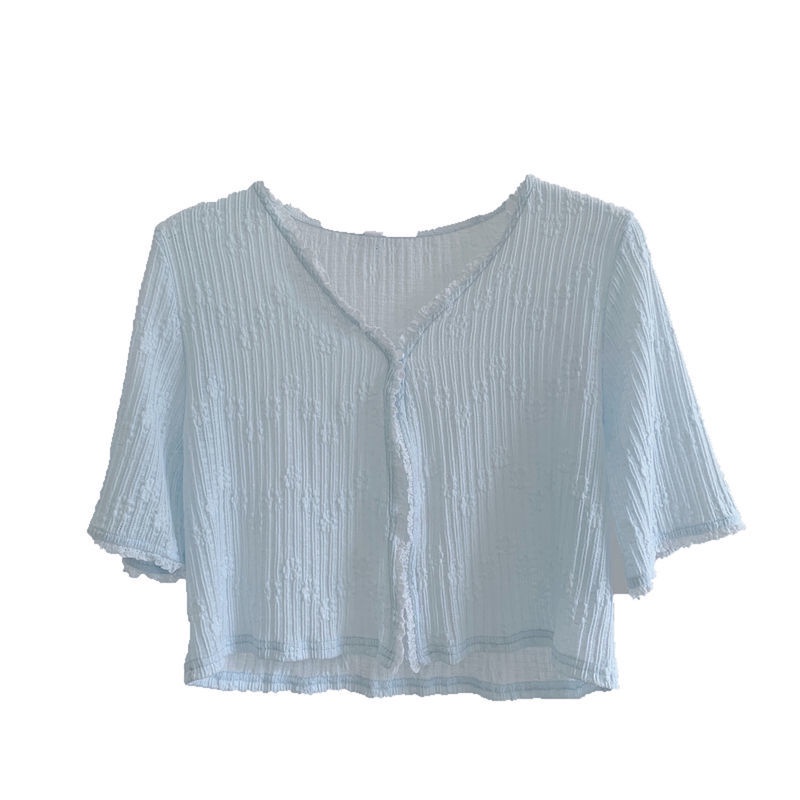 Áo Khoác Cardigan Ren Mỏng Tay Ngắn Màu Xanh Sữa Thời Trang Mùa Hè Cho Nữ
