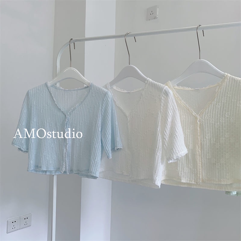 Áo Khoác Cardigan Ren Mỏng Tay Ngắn Màu Xanh Sữa Thời Trang Mùa Hè Cho Nữ
