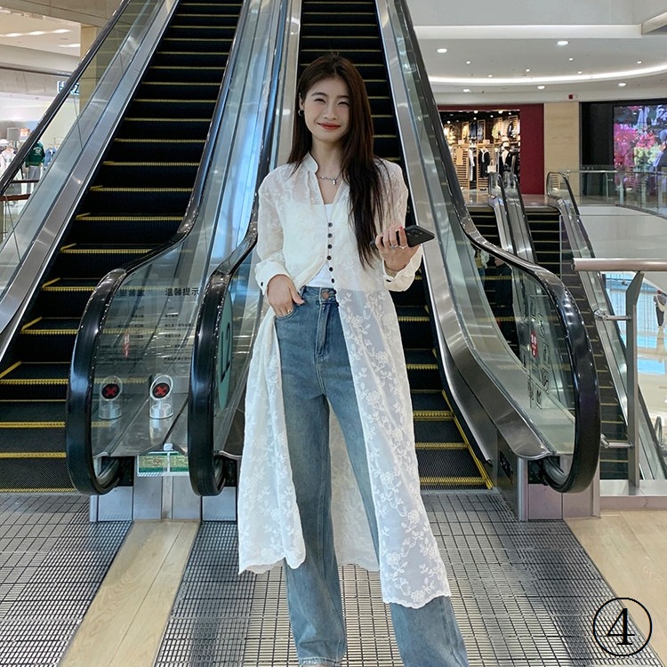 Áo Khoác Cardigan Cotton Thêu Ren Lỗ Dáng Dài Phong Cách Mới Dành Cho Nữ