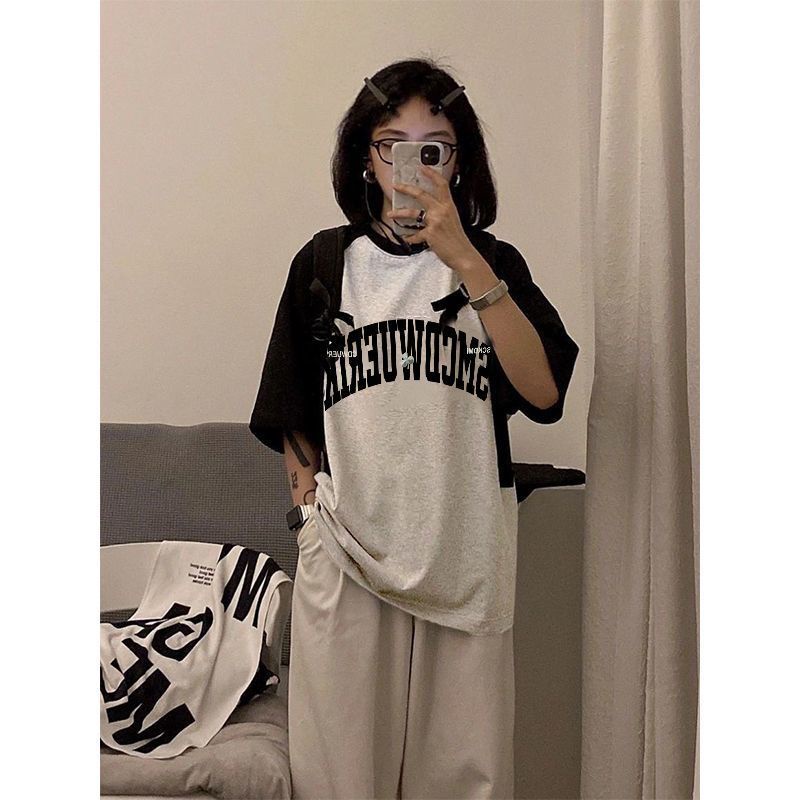 Áo Thun Raglan Tay Ngắn Màu Sắc Tương Phản Phong Cách Hong Kong Thời Trang Mùa Hè Cho Nữ