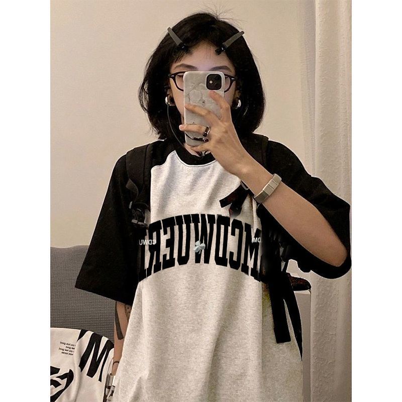 Áo Thun Raglan Tay Ngắn Màu Sắc Tương Phản Phong Cách Hong Kong Thời Trang Mùa Hè Cho Nữ