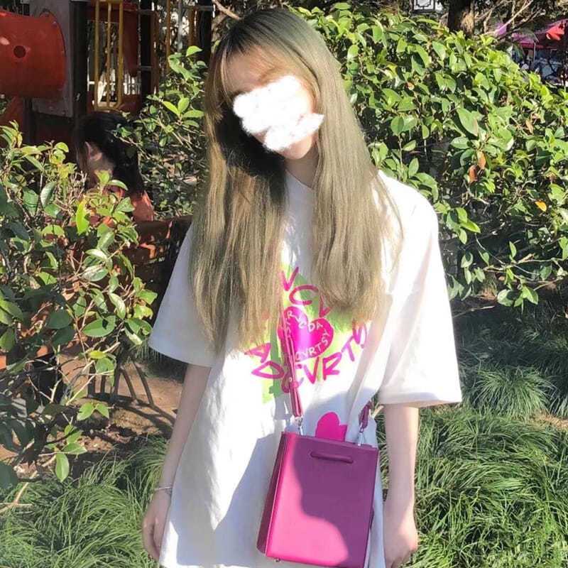 Áo Thun Tay Ngắn Cổ Tròn Dáng Rộng In Hình Trái Tim Đơn Giản Thời Trang Mùa Hè Cho Nữ