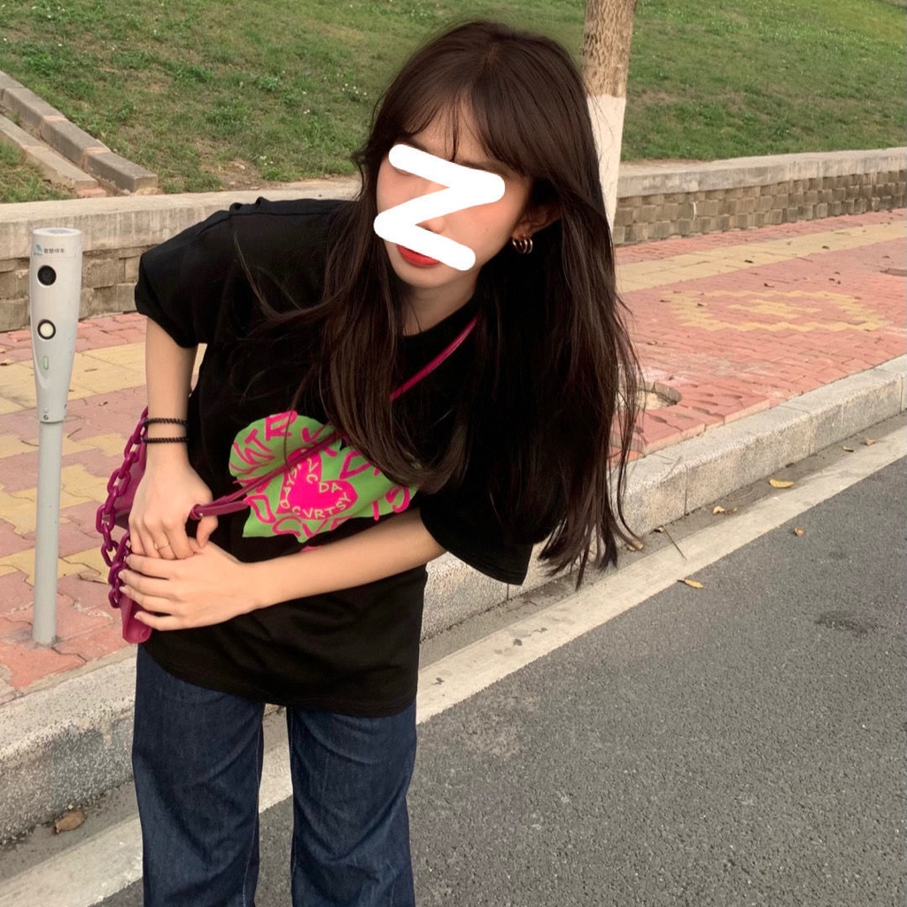 Áo Thun Tay Ngắn Cổ Tròn Dáng Rộng In Hình Trái Tim Đơn Giản Thời Trang Mùa Hè Cho Nữ