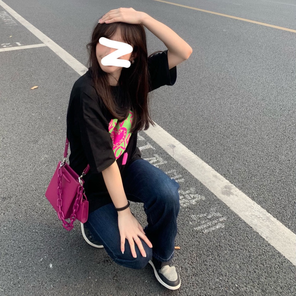 Áo Thun Tay Ngắn Cổ Tròn Dáng Rộng In Hình Trái Tim Đơn Giản Thời Trang Mùa Hè Cho Nữ