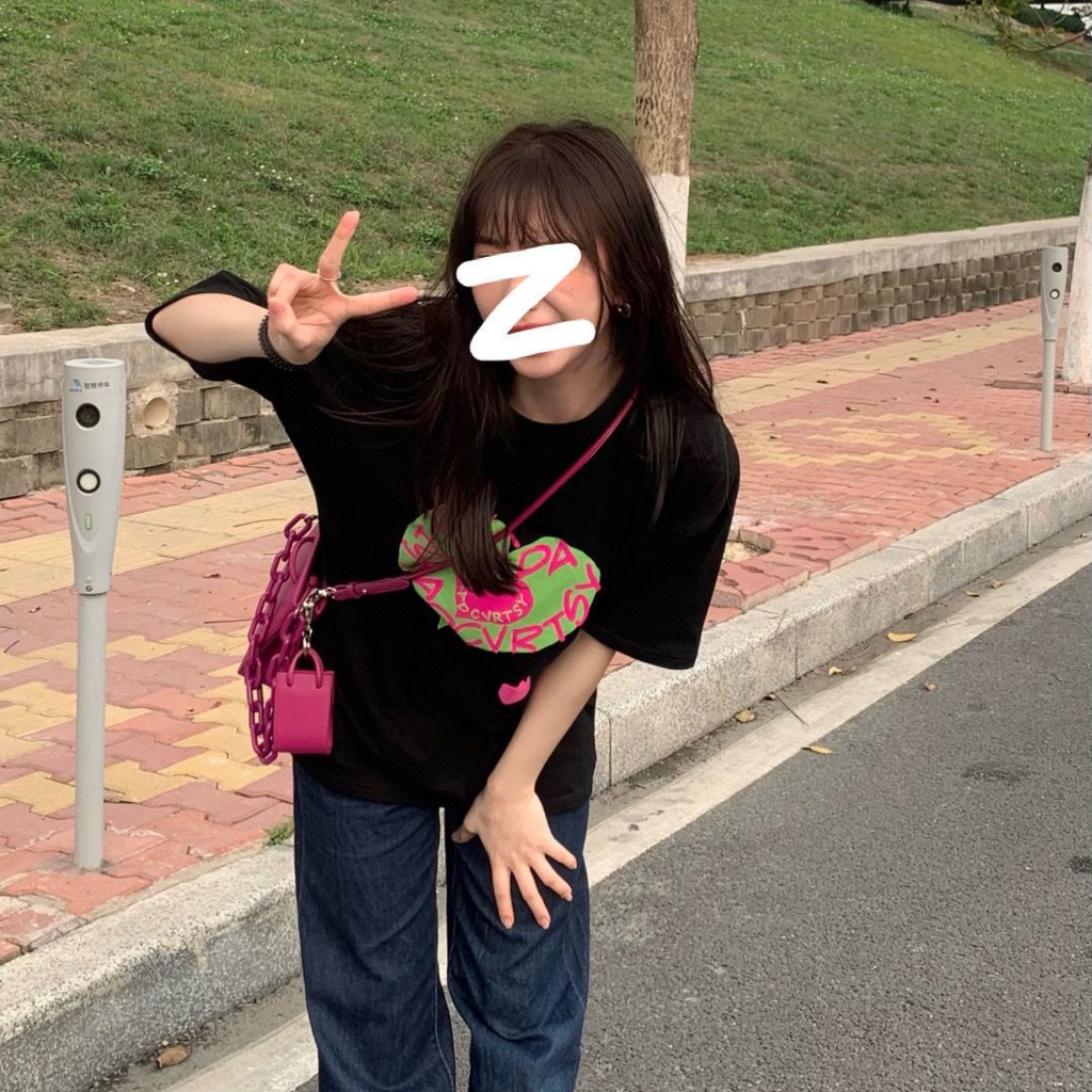 Áo Thun Tay Ngắn Cổ Tròn Dáng Rộng In Hình Trái Tim Đơn Giản Thời Trang Mùa Hè Cho Nữ