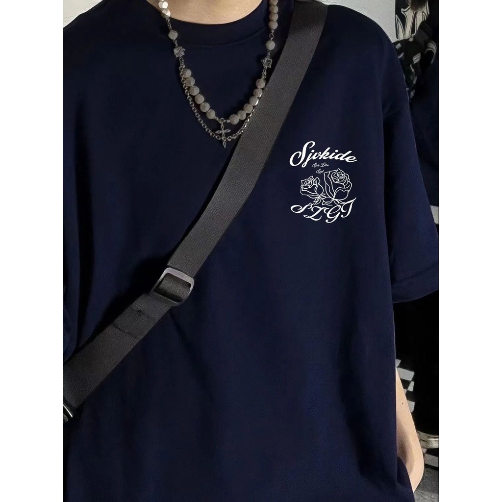 Áo Thun Tay Ngắn Cổ Tròn Dáng Rộng In Chữ No Pilling Màu Xanh Dương Phong Cách Đường Phố Retro Mỹ