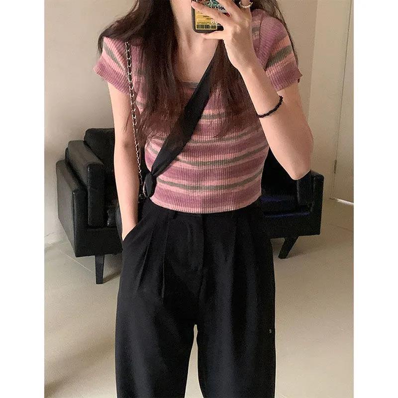 Áo Thun Ngắn Tay Cổ Vuông Họa Tiết Kẻ Sọc Thời Trang Mùa Hè Cho Nữ