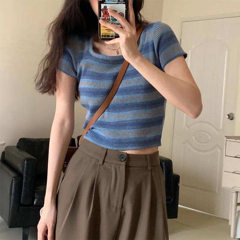 Áo Thun Ngắn Tay Cổ Vuông Họa Tiết Kẻ Sọc Thời Trang Mùa Hè Cho Nữ