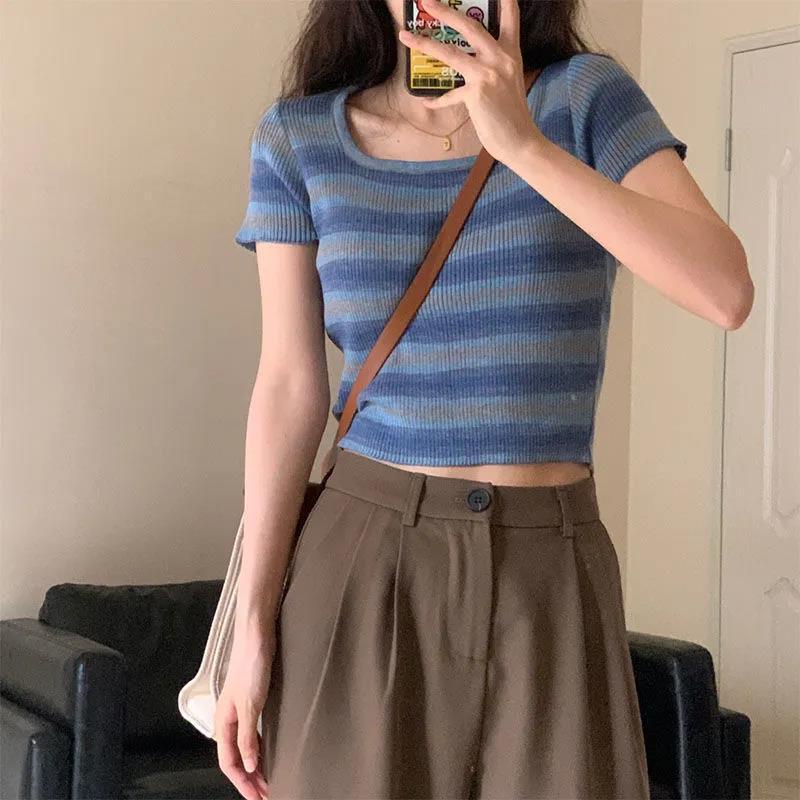 Áo Thun Ngắn Tay Cổ Vuông Họa Tiết Kẻ Sọc Thời Trang Mùa Hè Cho Nữ