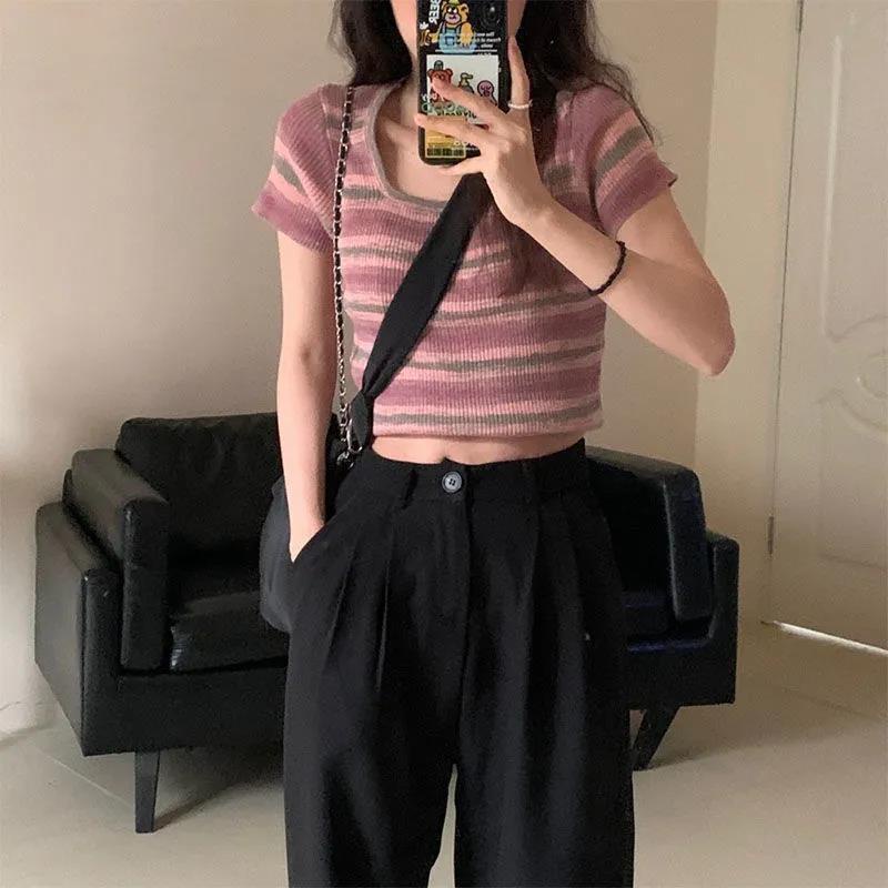Áo Thun Ngắn Tay Cổ Vuông Họa Tiết Kẻ Sọc Thời Trang Mùa Hè Cho Nữ