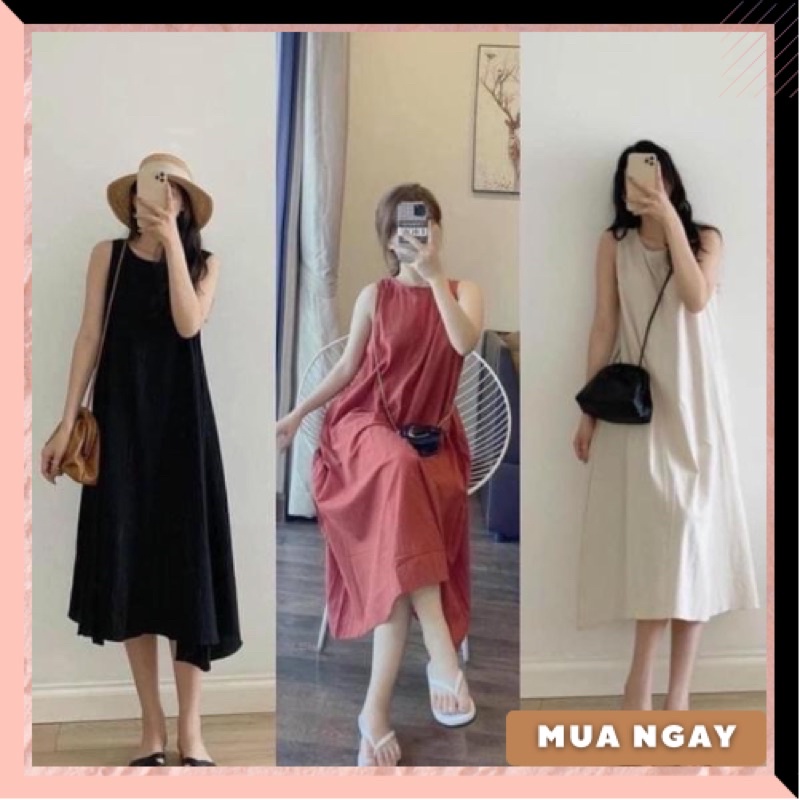 Đầm ba lỗ sát nách suông hàn quốc cho nữ đen be cam đất đi học đi chơi đi biển