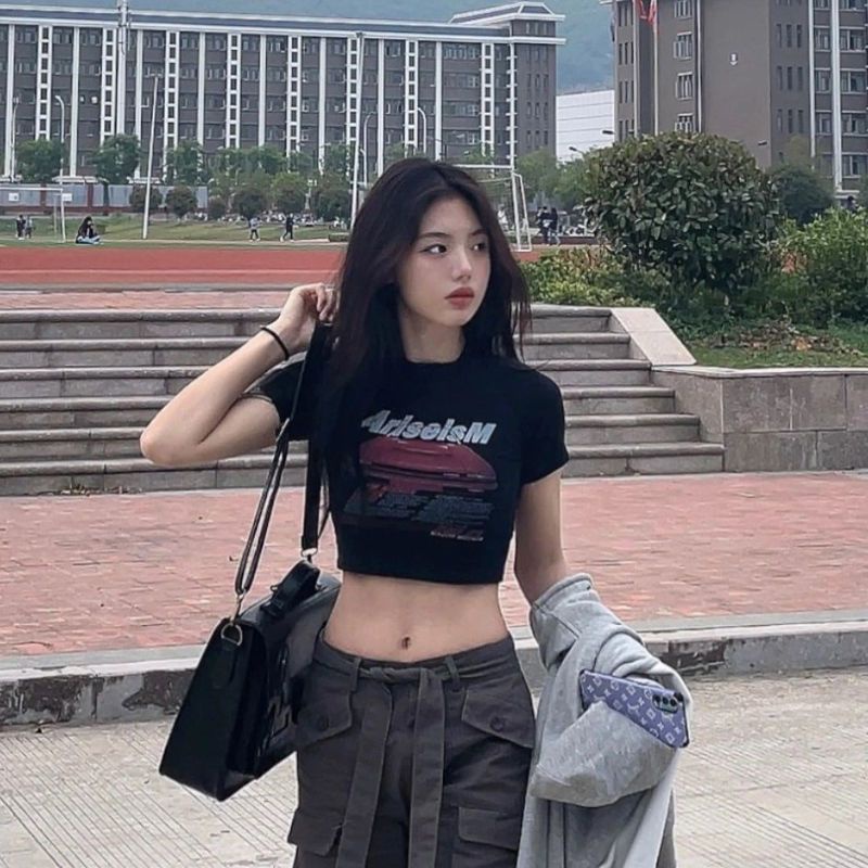 Áo Thun Tay Ngắn Hở Vai Màu Đen Phong Cách Retro Dành Cho Nữ