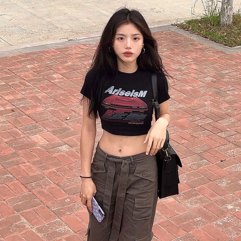 Áo Thun Tay Ngắn Hở Vai Màu Đen Phong Cách Retro Dành Cho Nữ