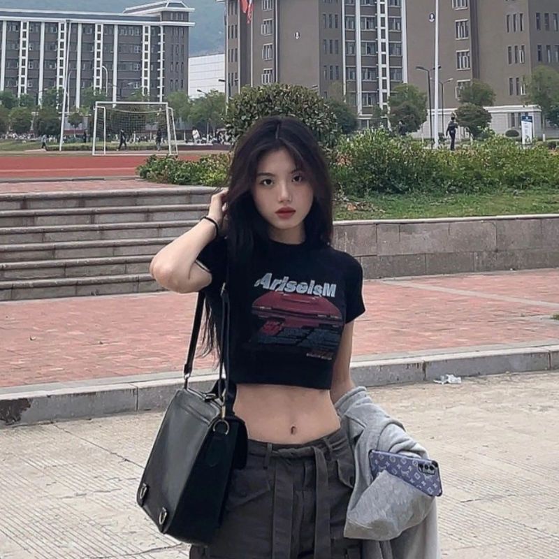 Áo Thun Tay Ngắn Hở Vai Màu Đen Phong Cách Retro Dành Cho Nữ