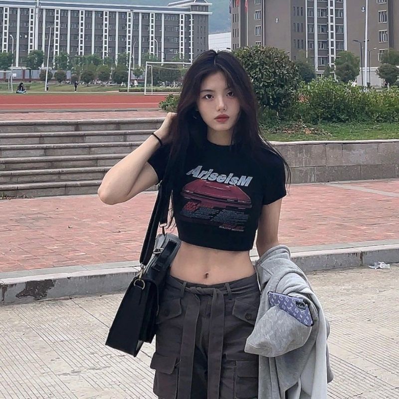 Áo Thun Tay Ngắn Hở Vai Màu Đen Phong Cách Retro Dành Cho Nữ